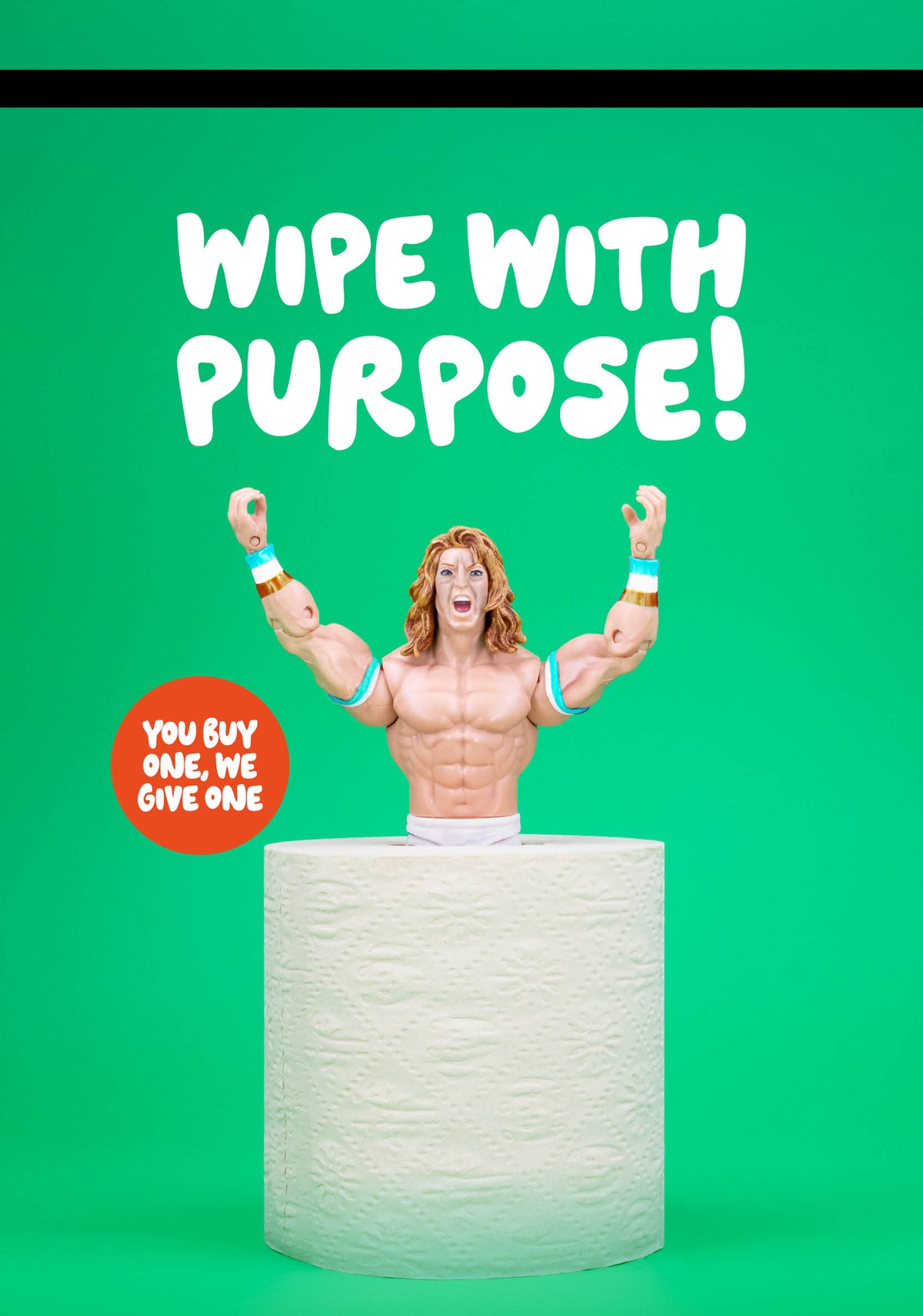 Muscular figure with raised arms on a green background with text 'Wipe with Purpose!'
