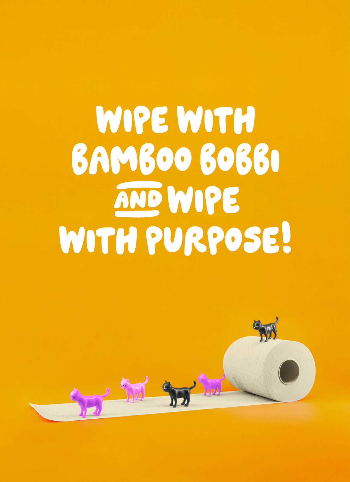 Roll of toilet paper with small dog figures on an orange background, featuring Wipe with purpose text about using bamboo Bobbi.